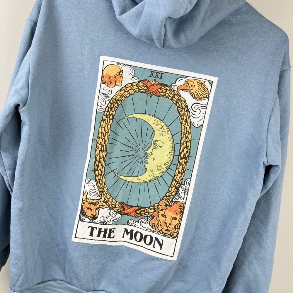 Social Scene Moon Tarot Card Hoodie Sweatshirt Womens M‎ Blue Graphic Pullover